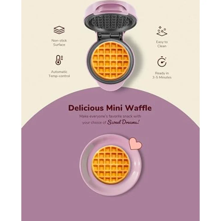 Bestron Mini-Waffeleisen AMW500L, kleiner Waffelmaker mit Antihaftbeschichtung, Retro Design in Lila Mattiert, 550 Watt – Bild 4