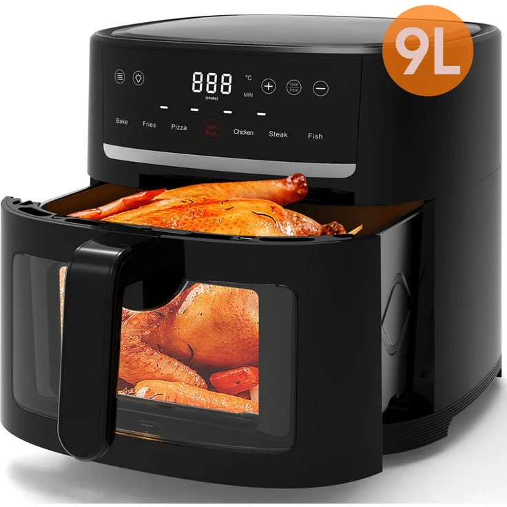 AIMAX Heißluftfritteuse 9L Airfryer XXL, Heißluftfritteuse mit Sichtfenster, Shake-Reminder, 1800 W, LED-Display, einstellbare Zeit-/Temperatursteuerung, 80-200 °C