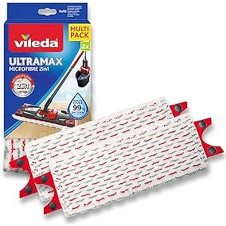 Vileda Ultramax Power Wischer Nachfüllpack, Mikrofaser, Blanc/Rouge, 2in1 Doppelpack für ULTRAMAX-Systeme – Bild 1