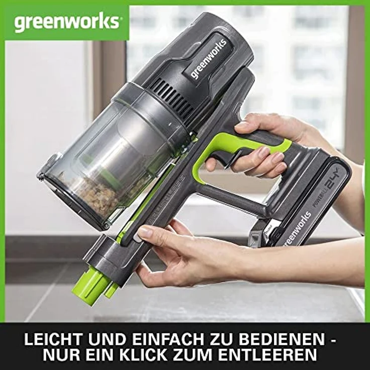 Greenworks GD24SVK4S Kabelloser Staubsauger, hohe Saugleistung, 45 Minuten Laufzeit, Hepa-Filter, Tierhaaraufsatz, 3 Leistungsstufen, 24V 4Ah Akku und super Stand-Ladegerät, 3 Jahre Garantie – Bild 5