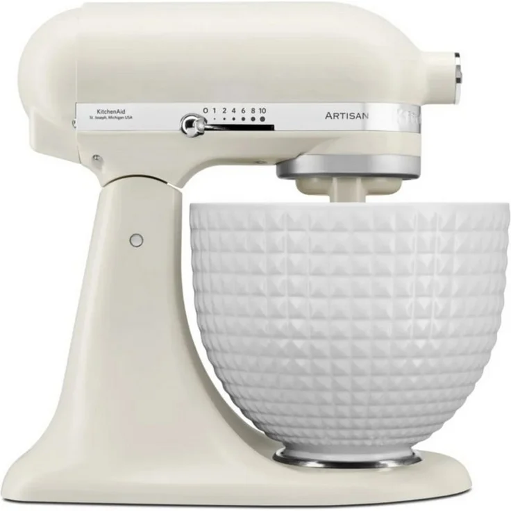 KitchenAid Artisan KSM156 Monochrome Collection, 4,7 Liter Küchenmaschine in Porcelain White mit keramikbeschichteter Schüssel