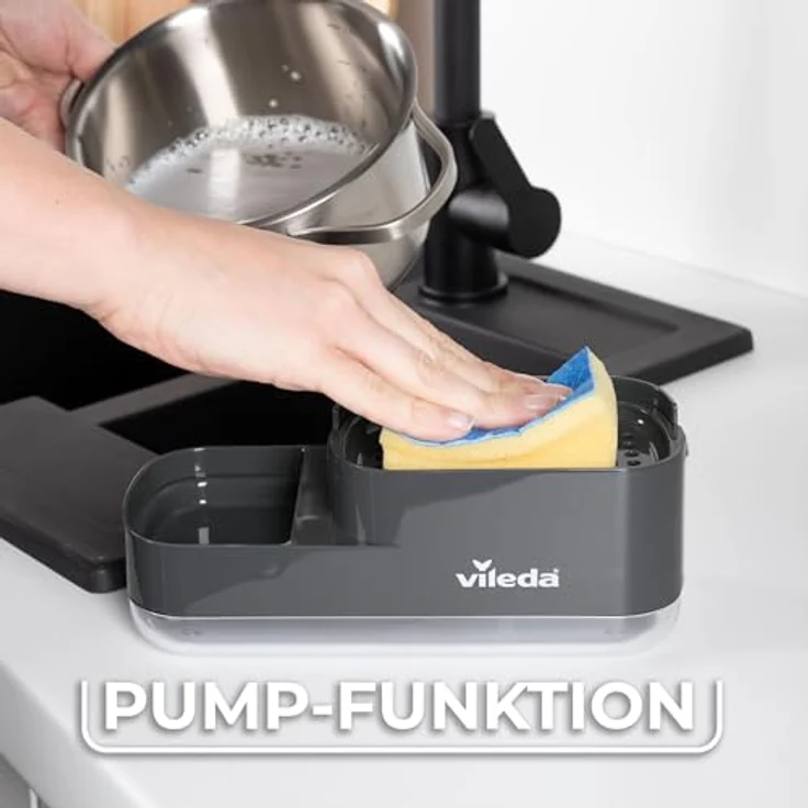 Vileda Pump Spülmittelspender mit Schwammhalter, 2-in-1-Lösung für die Küche, einfacher Einhand-Dosierer aus robustem Kunststoff – Bild 3