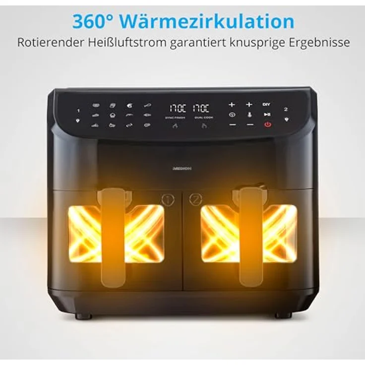MEDION P20 XXL Heißluftfritteuse mit 2 Kammern (8,7 Liter, 2.600 Watt, Doppelkammer, 9 Automatikprogramme, 2 Schubladen, Sichtfenster, Dualer Airfryer, Dual Cook & Sync-Finish Funktion) – Bild 5