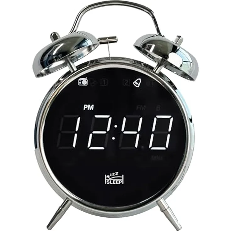SILVA Schneider URW 240 Retro Uhrenradio, Weckfunktion mit Doppelglockenwecker, dimmbares LED-Display, Einschlaf-Timer, Wecken mit Klingel oder Radio, Chrom