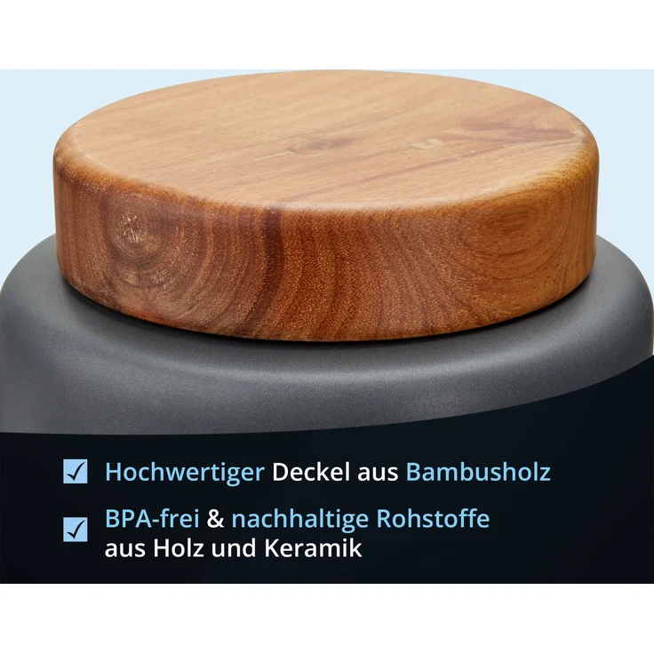 KHG Salz Aufbewahrung Keramik Steingut poliert, Anthrazit Grau Holz-Deckel Bambus, Salzdose luftdicht rund & mit Beschriftung, Vorratsdose Salz Höhe 16 cm & 11,5 cm – Bild 5