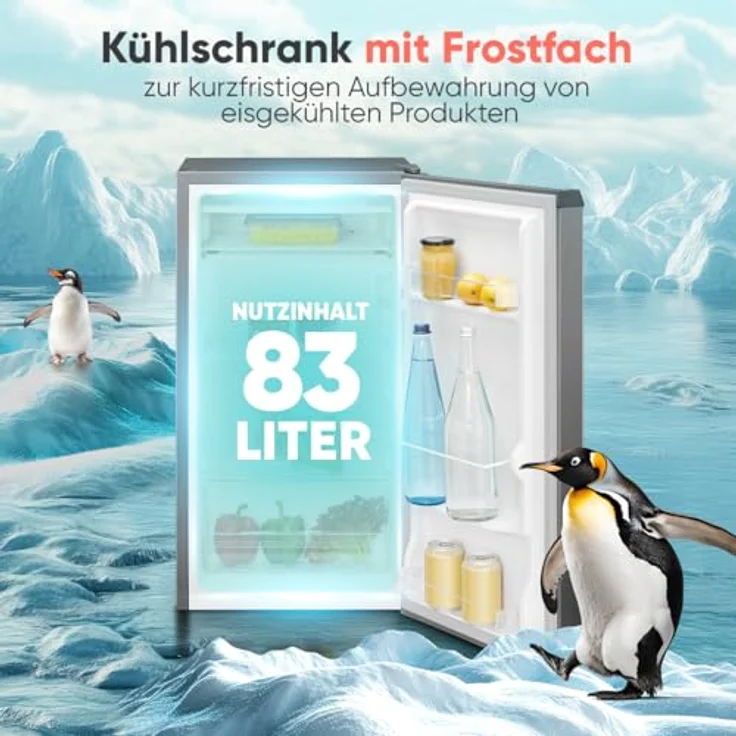 Bomann KS 7257, Kühlschrank klein mit Gefrierfach, 83L, temperaturregelbar von 0°C bis +8°C, grau, 2 Ablagen & 3 Türablagen – Bild 2