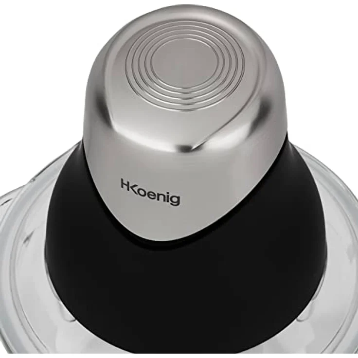 H.Koenig LEO8 Multi-Zerkleinerer, 320W, für Gemüse, Zwiebeln und Nüsse, elektrisch, Edelstahlklingen, 1x Glasschale, einfache Handhabung, Deckel für Frischehaltung, matt schwarz und chrom – Bild 5
