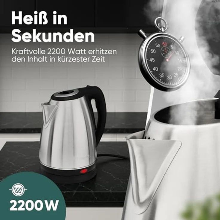 Clatronic WKS 3830, Wasserkocher Edelstahl 1,7 Liter, BPA-frei, 2200W, verdecktes Heizelement, Kabelaufwicklung – Bild 3