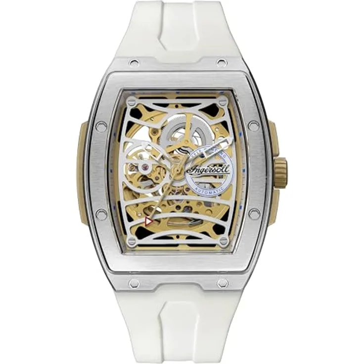 Ingersoll The Challenger 42 mm Automatic Herrenuhr mit weißem Ziffernblatt und weißem PU Armband - 3-Zeiger-Uhrwerk, leuchtende Zeiger