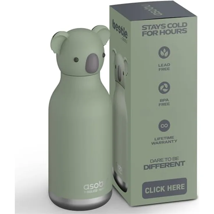 ASOBU Bestie Kindertrinkflasche mit Strohhalm, isolierte Edelstahlflasche 420ml, Koalakopf, auslaufsicher & BPA-frei