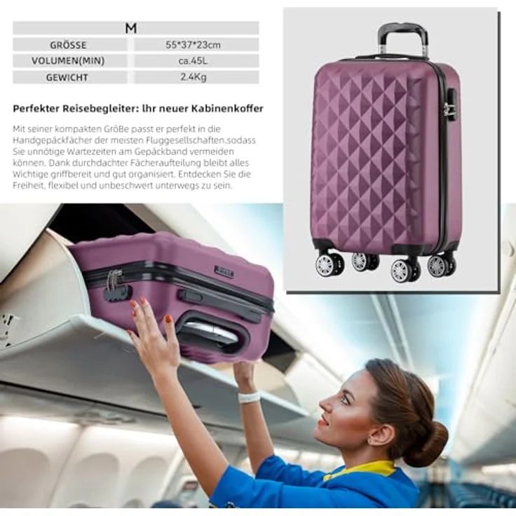 BEIBYE Kofferset, Hartschalen Trolley mit 4 Zwillingsrollen, integriertes Sicherheits-Zahlenschloss, in Lila (Handgepäck 53x35x20cm) – Bild 3