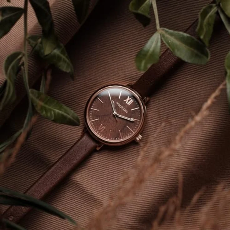 HOLZKERN Damenuhr Quarz Shirin, Braun/Roségoldfarben, Lederarmband mit Dornschließe, Mineralglas, analog mit römischen Ziffern – Bild 5