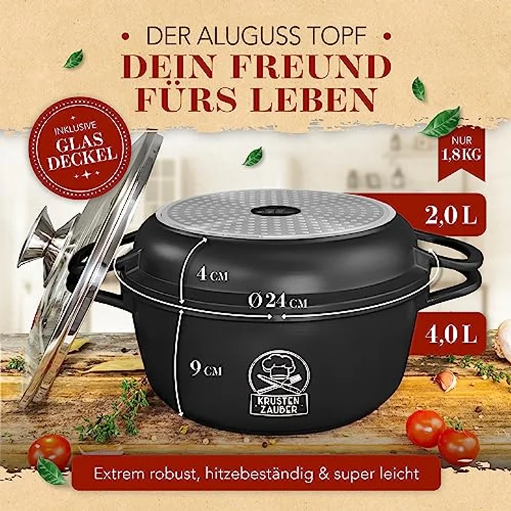 KRUSTENZAUBER 24cm Aluguss Bräter mit Deckel backofengeeignet [inkl. Glasdeckel] - 4L Aluminium Schmortopf & Bratpfanne - Idealer Bräter Induktion, Schmorpfanne, Bratentopf, Gussbräter, Kasserolle - Modernes Kocherlebnis, gleichmäßige Wärmeverteilung, flexibel einsetzbar. – Bild 3
