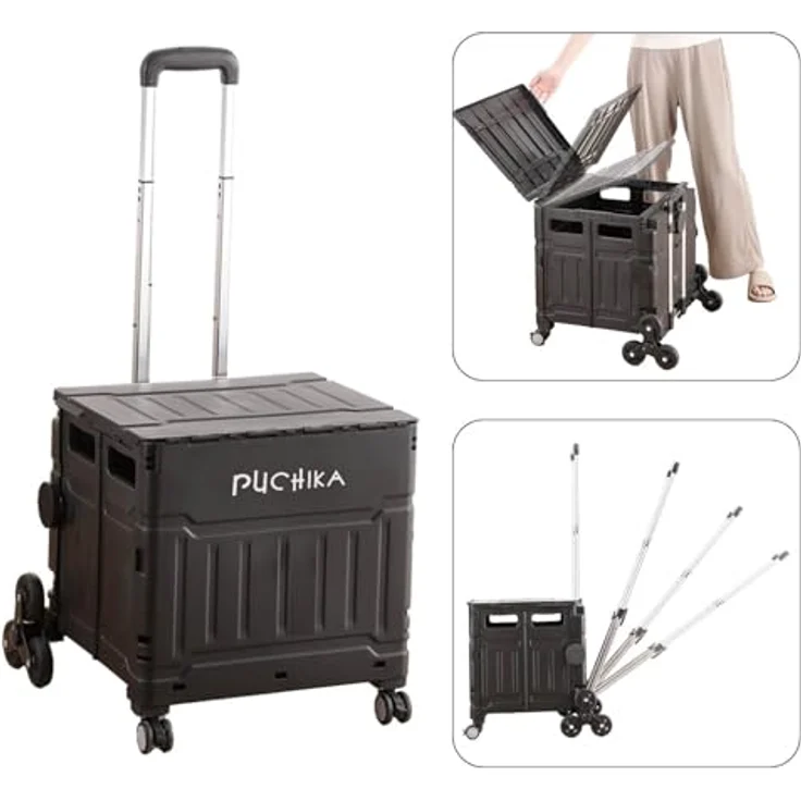 PUCHIKA Einkaufstrolley klappbar, Einkaufswagen Trolley mit Deckel, faltbar, flachziehbar, 8 Gummiräder, 48L, Schwarz – Bild 1
