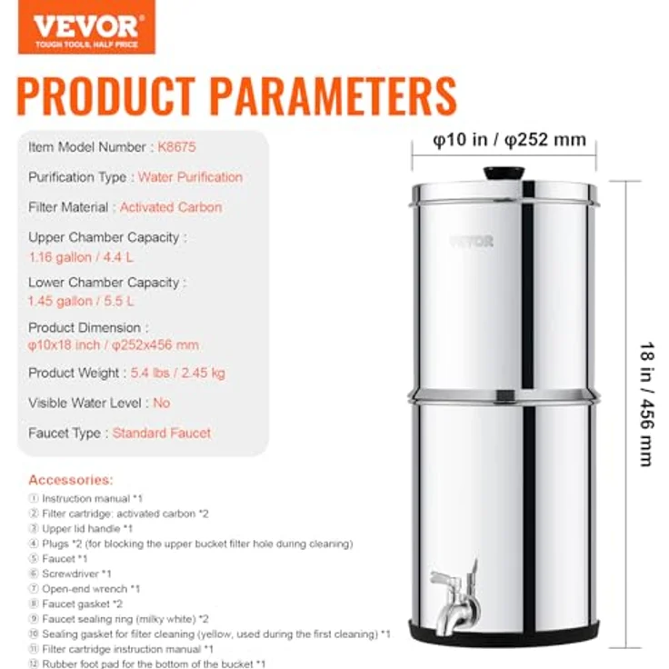 VEVOR Schwerkraft Wasserfiltersystem Edelstahl, 4,4 + 5,5 L Wasserfiltrationssystem mit 2 Kohlefiltern, reduziert Blei und bis zu 99 % Chlor – Bild 7