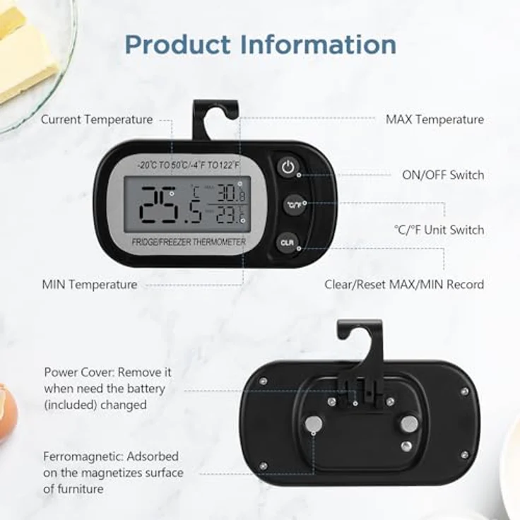 AiQInu Digitale Kühlschrank Thermometer, 2 Stück, mit Magnet und Haken, LCD-Display, Messbereich -20°C bis 50°C, für Zuhause und Gastronomie – Bild 2