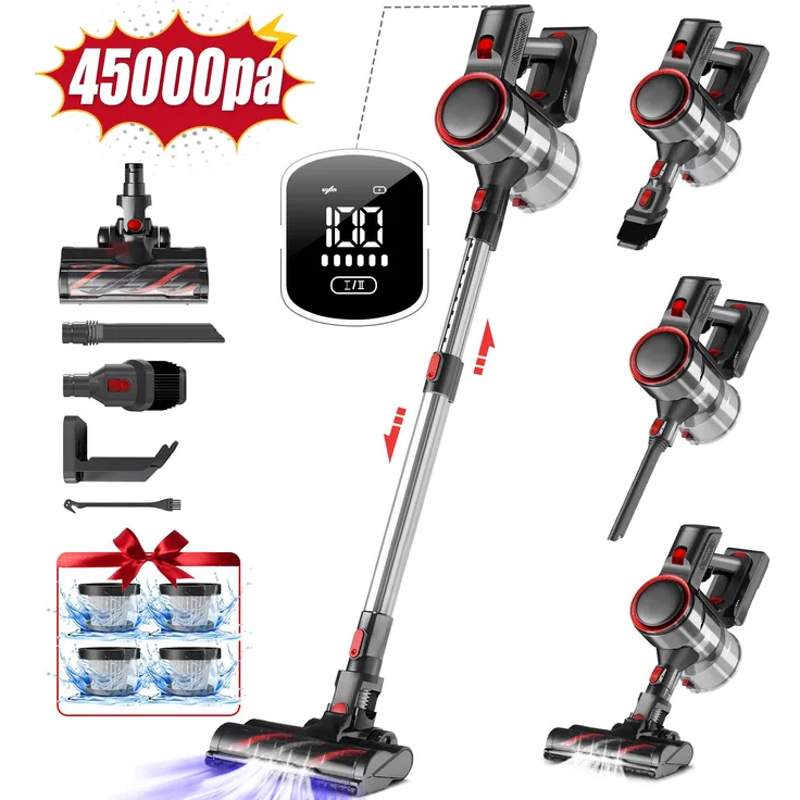 Aiibot Akku Staubsauger AS-45000Pa, Kabelloser Handstaubsauger mit 45000Pa Saugkraft, Smartem Touch Display, 50 Min Laufzeit, 5-in-1 Filtersystem, 4HEPA, Anti-Tangle-Bodenbürste
