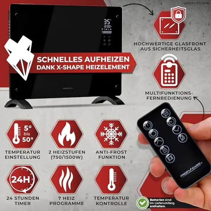 ProfiCare® Elektroheizung mit Glasfront & X-Shape Heizelement | mobiler Heizkörper auch für Wandmontage geeignet | Konvektor Heizung mit 2 Heizstufen | lautloses Heizen - 0dB | PC-GKH 3118 schwarz – Bild 2