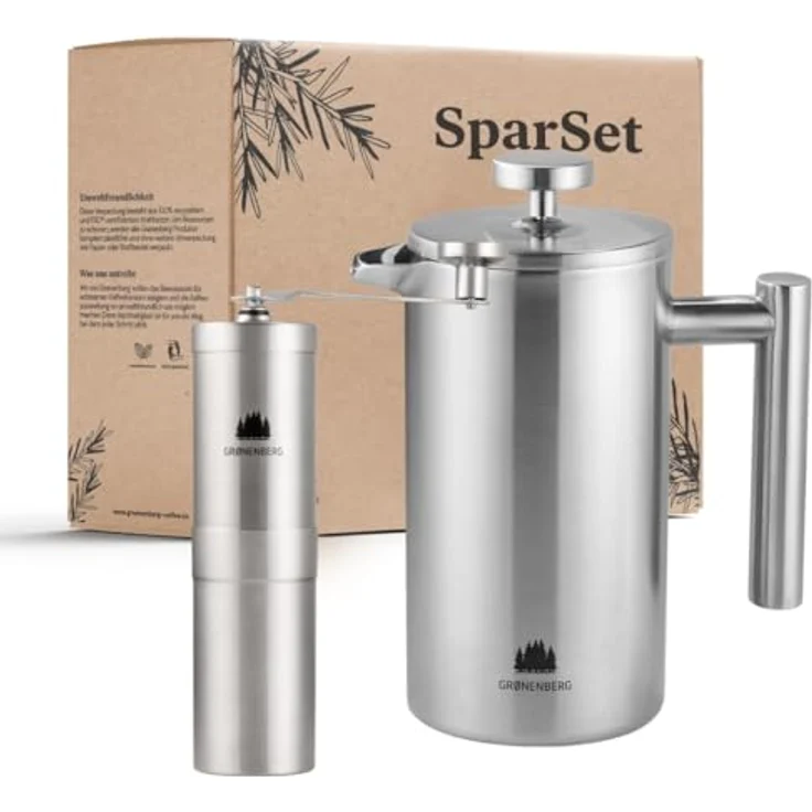 Groenenberg Spar Set 5 | French Press Thermo (3 Größen) + Edelstahl Kaffeemühle manuell | Handkaffeemühle | Kaffeepresse inkl. Ersatzfiltern (1 Liter French Press) – Bild 1