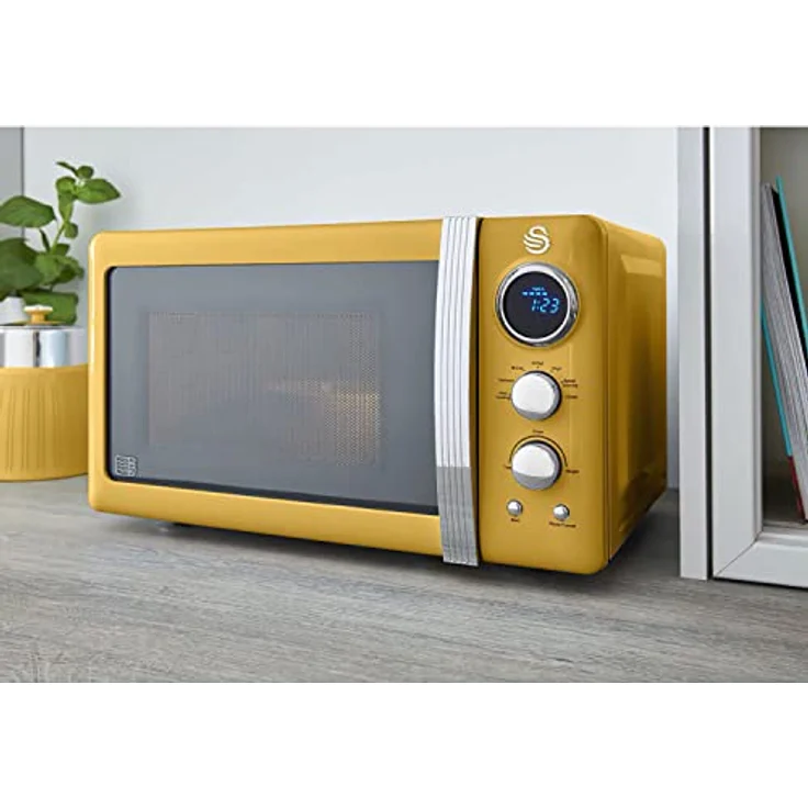Swan Retro SM22030YELNEU Digital Mikrowelle, 20L, 5 Leistungsstufen, Auftaufunktion, 60 Minuten Timer, Spiegeltür, 27cm Drehteller, Gelb, 800W – Bild 4