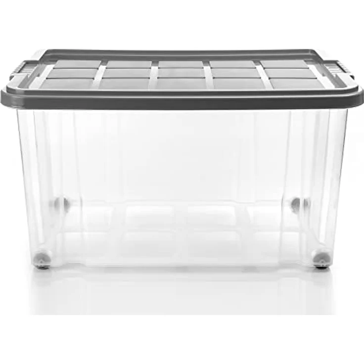 BigDean 4 Stück 60 L Aufbewahrungsbox mit Deckel stahlgrau - stapelbare robuste Box BPA-frei - rollbare Stapelbox mit festen Klickverschlüssen - Made in Germany – Bild 4