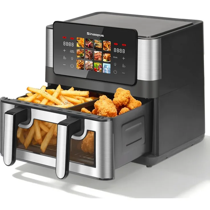 WHEELYOU Heißluftfritteuse 8,5 L Doppel-/Einzelkammer, 2000 W, 12 Automatikprogramme, Touchscreen-Bedienung