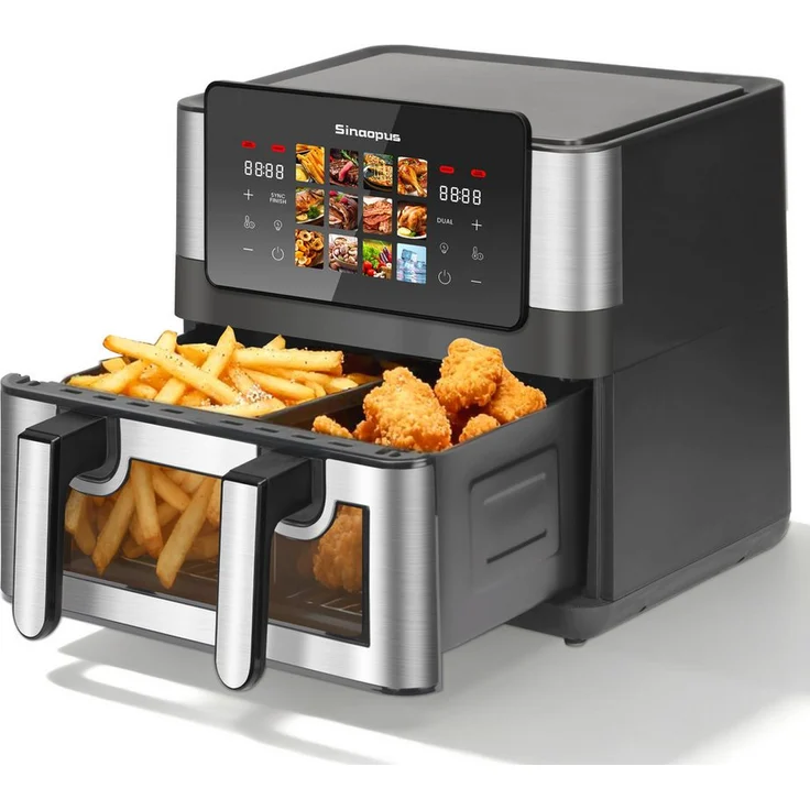 WHEELYOU Heißluftfritteuse 8,5 L Doppel-/Einzelkammer, 2000 W, 12 Automatikprogramme, Touchscreen-Bedienung