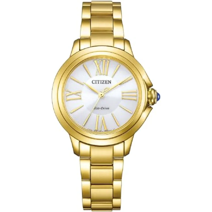 Citizen Eco-Drive Solar Damenarmbanduhr EM1162-52A, goldfarben mit Edelstahlarmband und kratzfestem Synthetik-Saphirglas – Bild 1