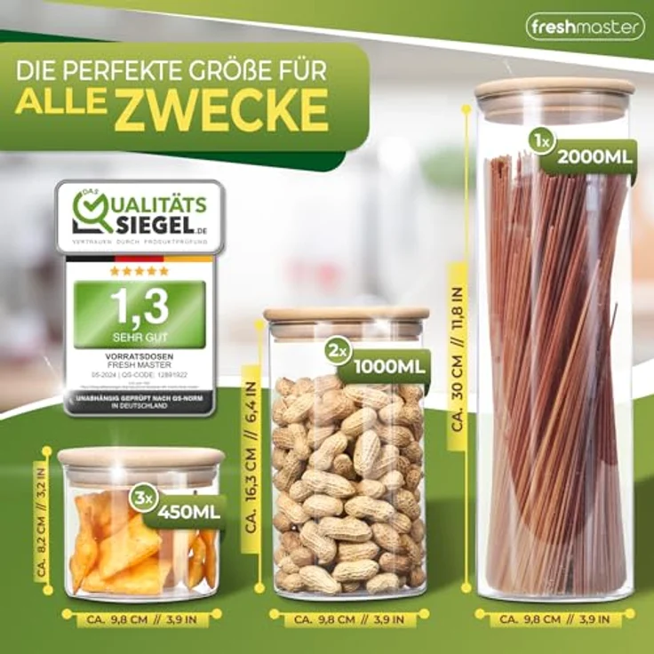 Fresh Master Vorratsglas Vorratsdosen Glas mit Bambus-Deckel, Borosilikatglas, luftdichte Aufbewahrung (12-tlg) – Bild 2
