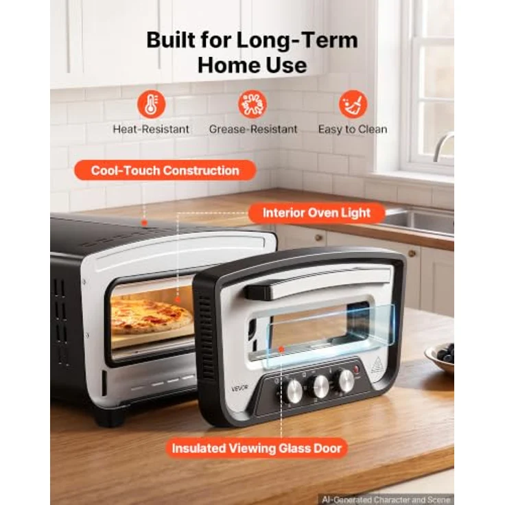 VEVOR Elektrischer Pizzaofen für Ø 30,5 cm (12 Zoll), 2200 W, 430 °C, Kaltgewalztes Stahl-Gehäuse, mit Pizzastein und separater Temperatur- und Zeitregelung – Bild 8