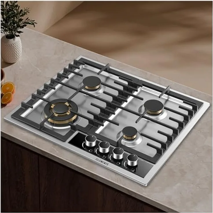 KB ELEMENTS Gaskochfeld ELK60GH2, 4-flammig mit Vollkupfer-Brenner, 60cm, Wok-Dreifachbrenner, Edelstahl 304, automatische Sicherheitsabschaltung, LPG/NG