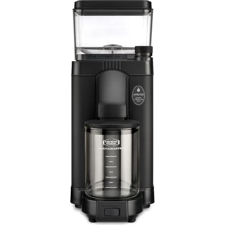Moccamaster KM5, Kaffeemühle mit 50 mm Stahlflachmahlwerken, schwarz und transparent, ECBC-zertifiziert, präzise Mahlgradeinstellung