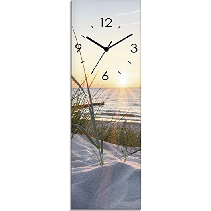 ARTLAND Wanduhr ohne Tickgeräusche Glas Funkuhr 20x60 cm Rechteckig Lautlos Strand Meer Ostsee Sonne Sonnenuntergang Maritim T9QU – Bild 1