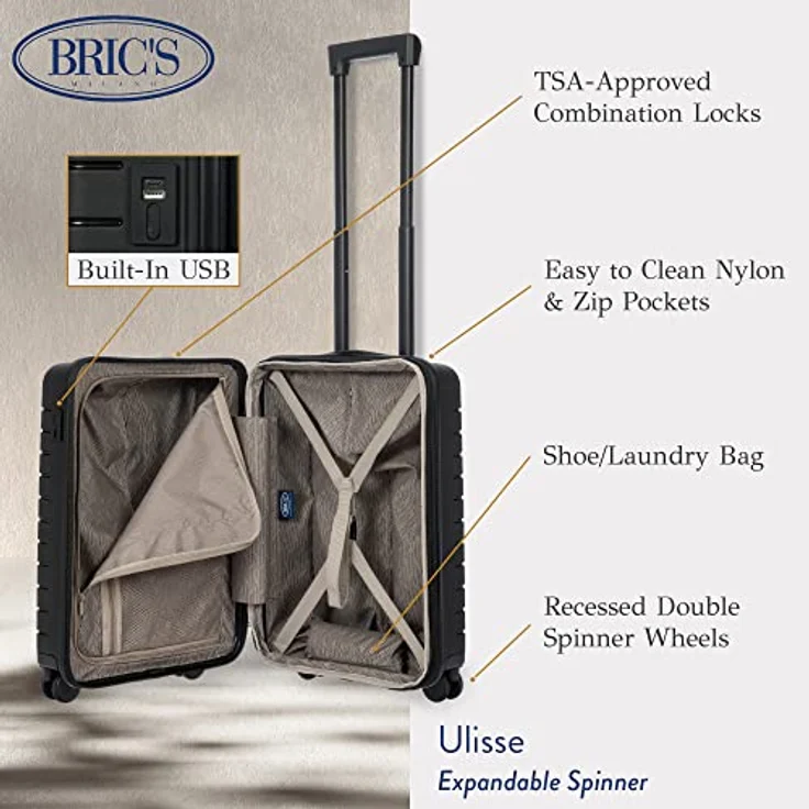 Bric's Hartschalen-Trolley Erweiterbar, Kollektion Ulisse B|Y, 4-Rollen-Koffer, Widerstandsfähig und Ultraleicht, USB-Anschluss, Integriertes TSA-Schloss, Maße: 37x55x23/27, Schwarz – Bild 3