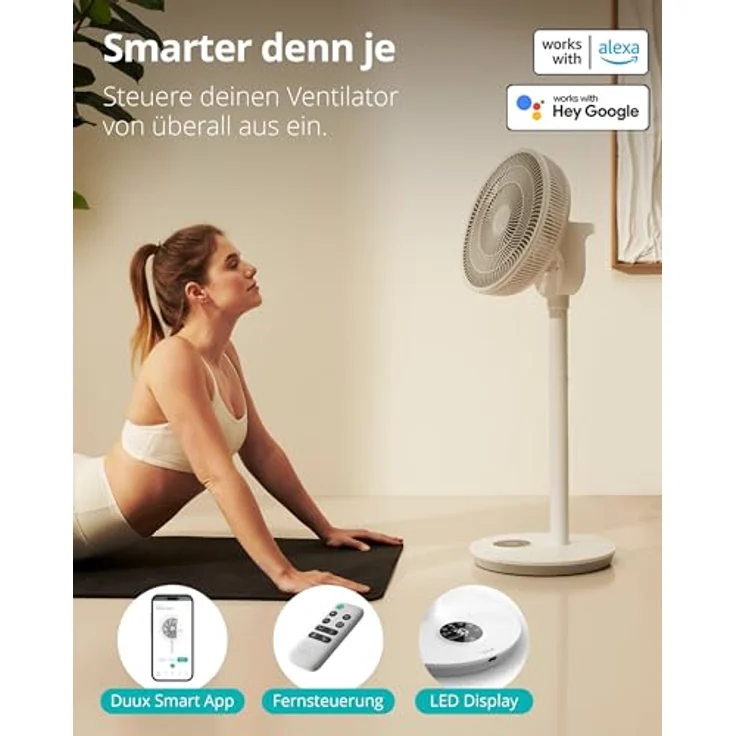 Duux Whisper Flex 2, Smart Ventilator mit flüsterleiser 13 dB, Nachtmodus, Timer, höhenverstellbar (54–92 cm), energieeffizient ab 2W, App & Fernbedienung, Weiß – Bild 3