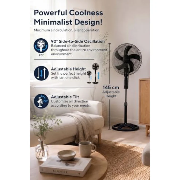 KUMTEL Standventilator KTF-340, 45 cm Durchmesser, 60 W, höhenverstellbar bis 145 cm, 90° oszillierend, geräuscharmer Betrieb, schwarz – Bild 5