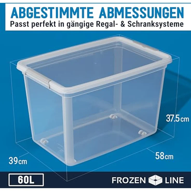 ATHLON TOOLS 4x 60L Aufbewahrungsboxen mit Deckel transparent – Stapelbare Plastik-Boxen – graue Verschlussclips – BPA Frei – Bild 3