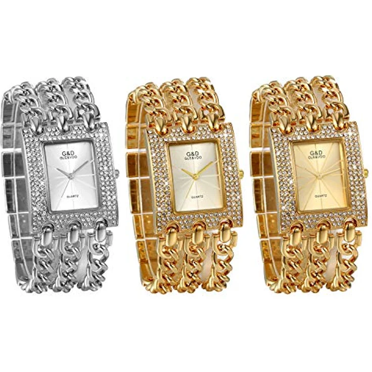 JewelryWe 3pcs Damen Uhren, Elegant Analog Quarz Armbanduhr mit Strass, rechteckiges Gehäuse und dreifach Panzerkette Armband, Gold & Silber – Bild 1
