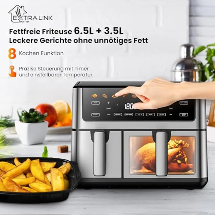 Extralink 2500W Airfryer 10L (6.5L + 3.5L), Heißluftfritteuse Doppelkammer mit 8 Kochfunktionen, LED-Touchscreen, 80°C bis 200°C, 90% weniger Fett – Bild 3