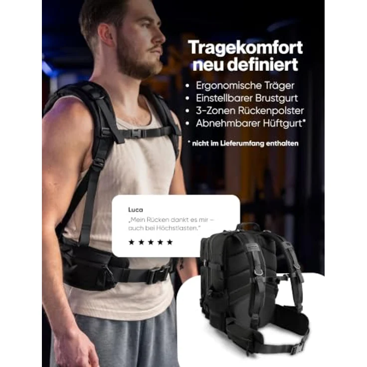 RUGSAK Alpha 45L Rucksack Phantom Black – Wasserabweisend, 18-Zoll Laptopfach, Ergonomisch, Reise, Alltag & Outdoor – Bild 2