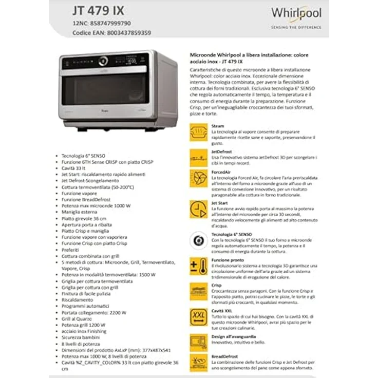 Whirlpool jt479ix Mikrowelle mit Grill, Standgerät, 33 Liter Garraum, schwarz, silber – Bild 8
