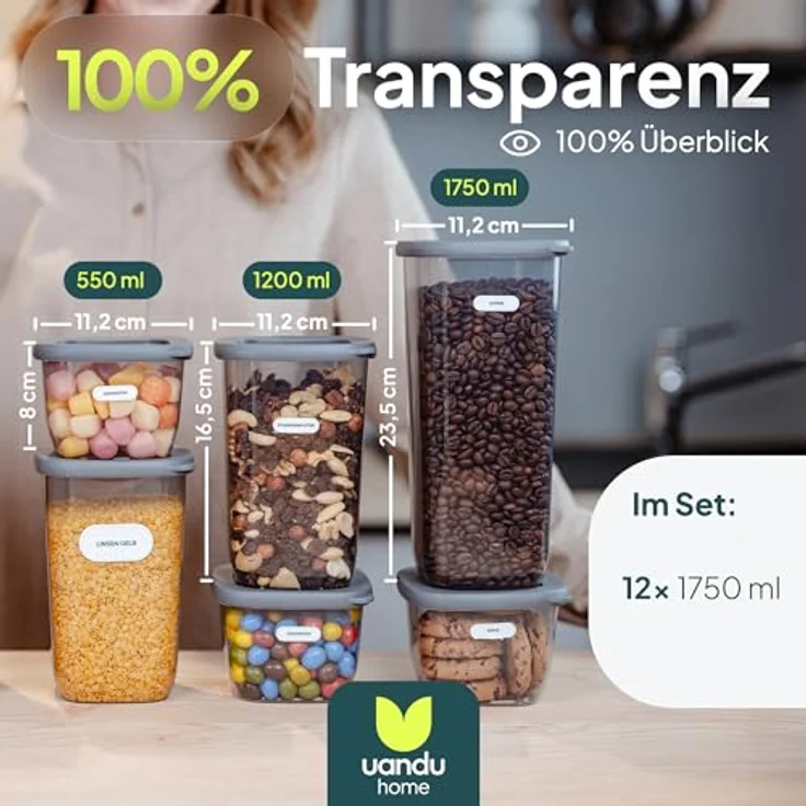 UANDU Vorratsdosen mit Deckel Luftdicht Set, BPA frei, Aufbewahrungsbox, Küchenorganizer, Vorratsbehälter Mehl Aufbewahrung Küche - 12x1750ml-Grau – Bild 3