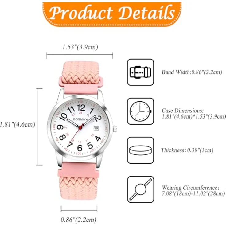 JewelryWe Geflochtene Elastische Damenuhr/Herrenuhr, Analog Quarz mit Kalender, Rosa Gewebtes Stretcharmband, Große Ziffern und Datumsanzeige, 12/24 Stunden – Bild 4