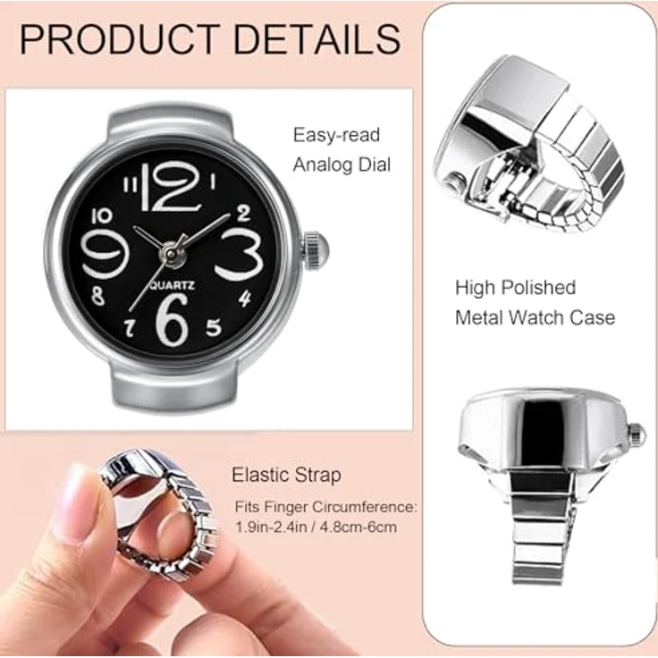 JewelryWe Ringuhr Analog Quarz Fingeruhr für Herren und Damen, elastisches Legierungsband, schwarz, modisches Design – Bild 3