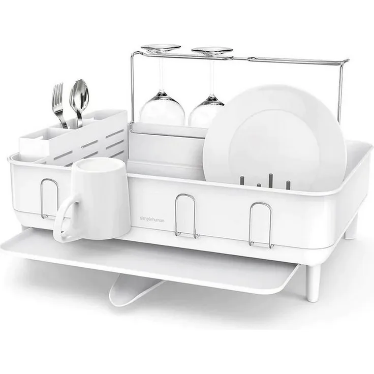 simplehuman Geschirrständer Stahlrahmen-Abtropfgestell mit Weinglashalter Weiß, Edelstahlrahmen, 360° Schwenkausguss, Antihaft-Beschichtung - Preisvergleich