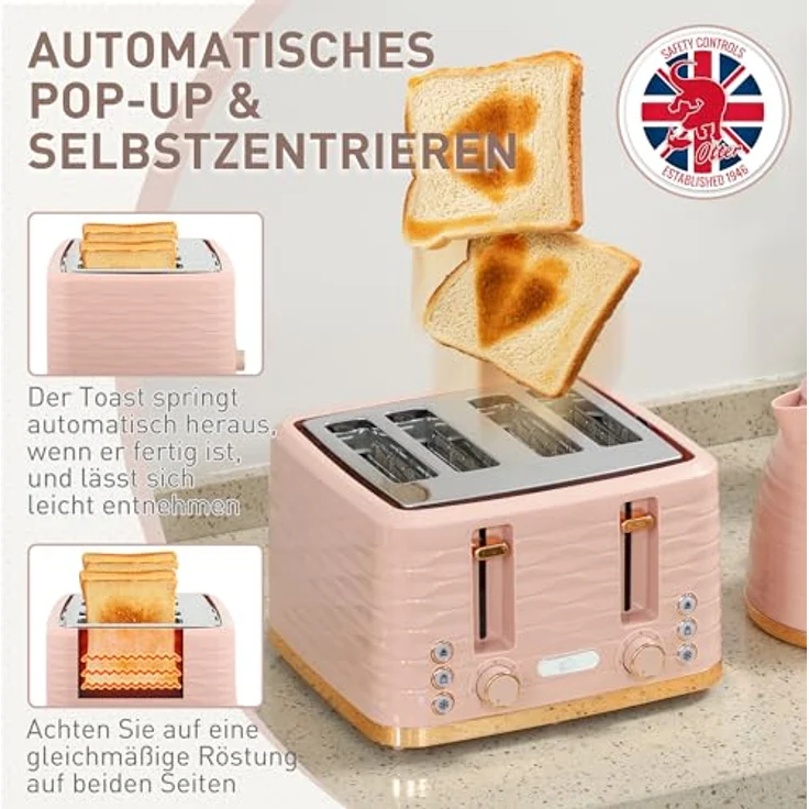 HOMCOM Toaster Frühstück-Set, 1,7L Wasserkocher und 4-Scheiben Toaster, 2200 W, mit Auftau-, Aufwärm- und Krümelfach, Rosa – Bild 5
