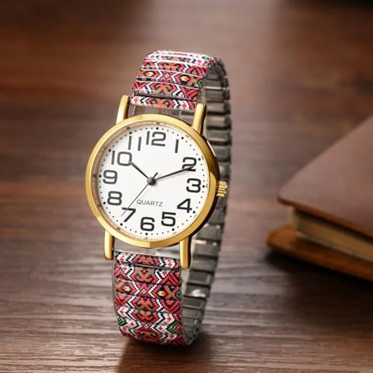 JewelryWe Boho Elastische Armbanduhr, Analog Quarz Uhr mit großen Zahlen, Edelstahl Stretcharmband im bunten Ethno-Stil, 1ATM Wasserschutz – Bild 4