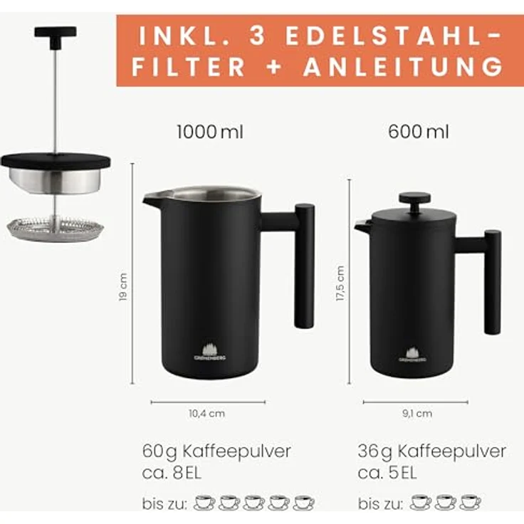 GRØNENBERG French Press Kanne, Edelstahl Kaffeebereiter mit Thermo Effekt, 0,6 oder 1 Liter, inkl. 3 Ersatz-Filter – Bild 7