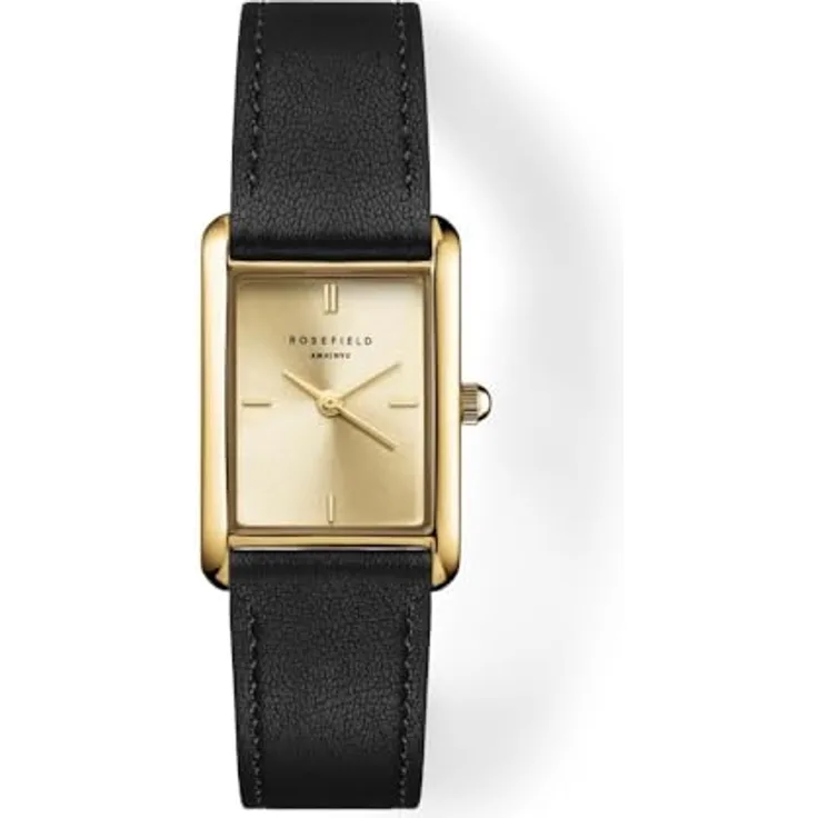 ROSEFIELD Quarzuhr Heirloom, elegante Armbanduhr für Frauen mit goldfarbenem Sunray-Zifferblatt und schwarzem Lederarmband, wasserdicht bis 3 bar