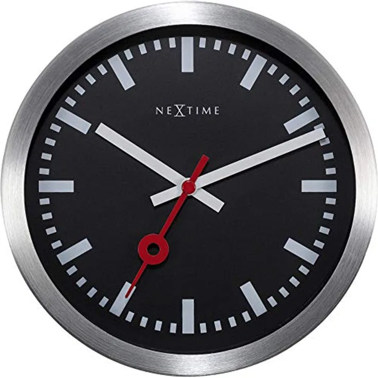 NeXtime Bahnhofsuhr,negativ Ziffernblatt (schwarz), Balken statt Ziffern (weiß), lautlos, Silber, Alu, Glasabdeckung, 19 cm x 3,8 cm, 3998STZW